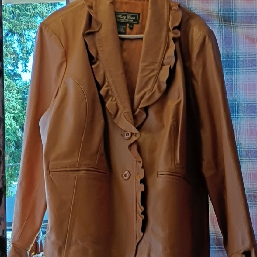 Brown Blazer with Ruffled Lapel and Fitted Silhouette